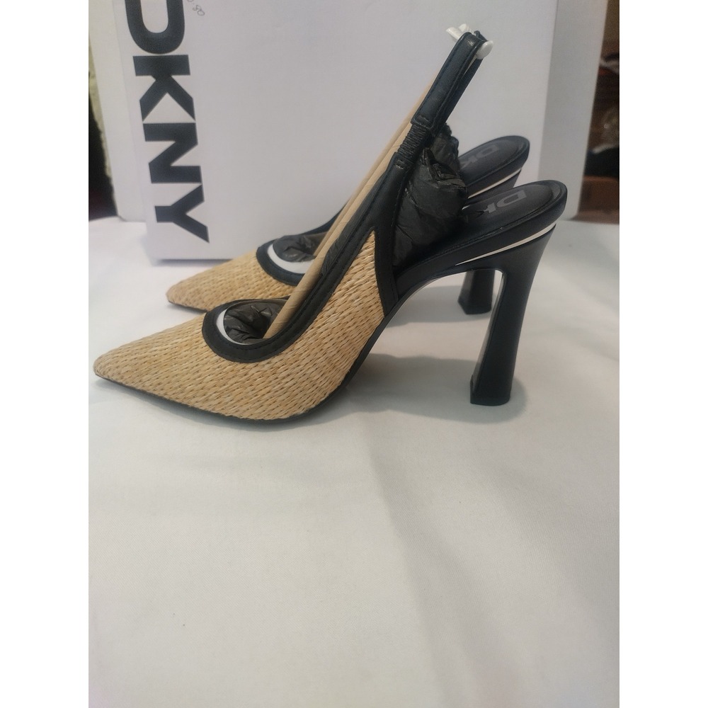 DKNY Cinette Slingback Pumps Natural Raffia Black Pointed Toe Heel K1526881 US 6 - Picture 2 of 8